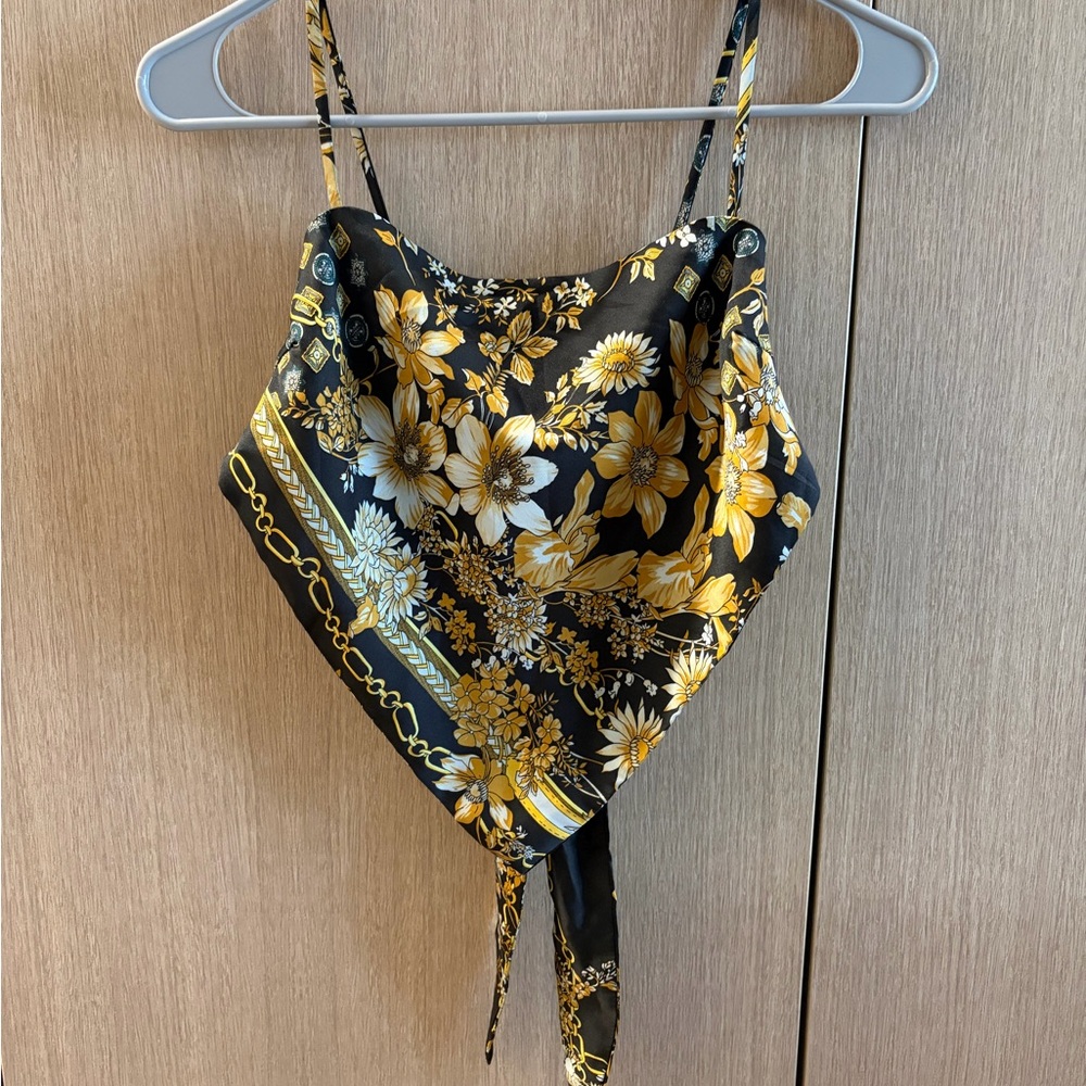 Princess Polly Black and Gold Floral Satin Bandana Cami
